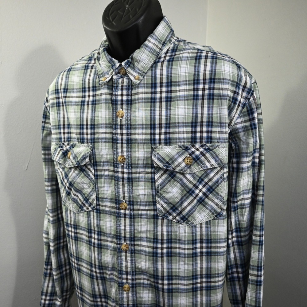 Duluth Trading Co Button Up Mens‎ XL Tall Relaxed Fit Green Plaid Flap Pockets
